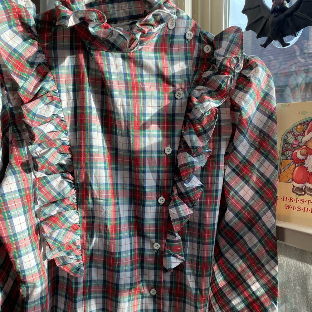 Vintage 80s high neck ruffle plaid button front shirt - Picture 5 of 13